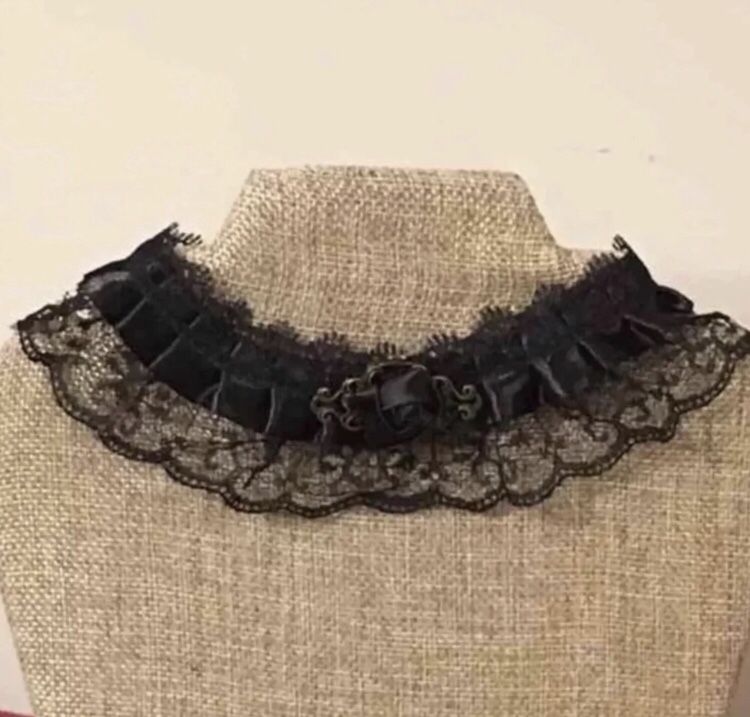 Black lace frill choker with black rose pendant