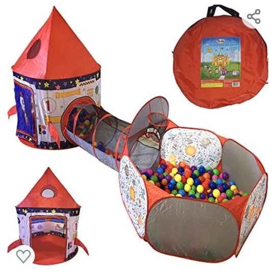 Rocket Themed Tent, Tunnel, And ball Pit with Basketball hoop
