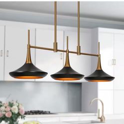 Phapri Modern 3-Light Black Linear Kitchen Island Chandelier, Mid-Century Plated Brass Dining Pendant with Metal Shades