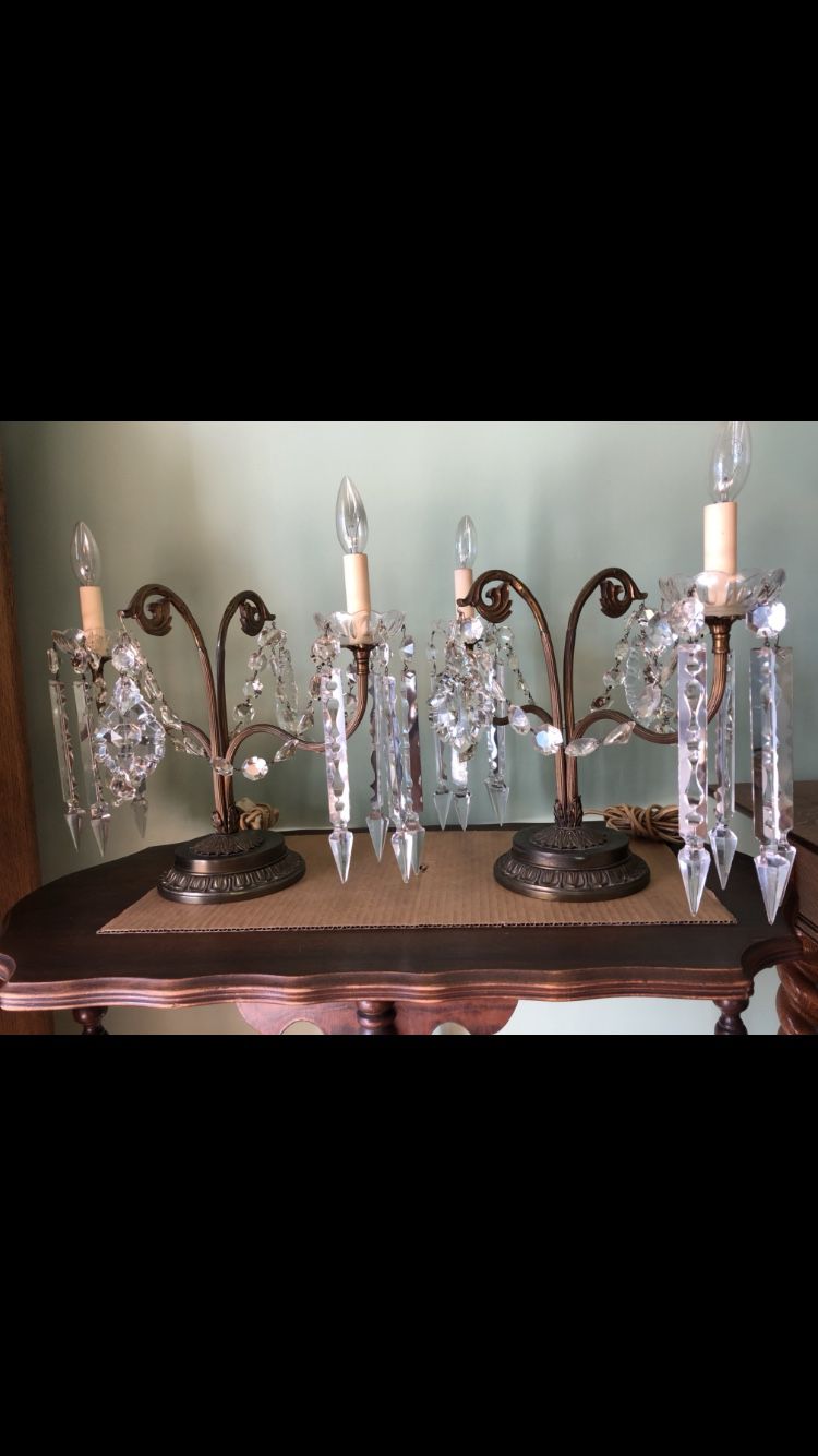 Antique original cut crystal and brass candelabra table lamps