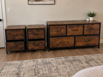 Set of 2 rustic nightstands with 5-drawer dresser