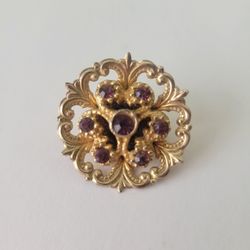 Vintage Flower Brooch Pin Filigree Gold Tone with Purple Rhinestones