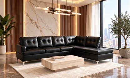 Black Leather Tufted Sectional Sofa