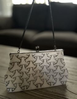 Vintage White and Gray Beaded Women's Evening Bag Clutch Purse Metal Chain Strap