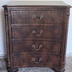 Brown Leather Pattern Solid Wooden Drawer Night Stand, Antique Wooden Chest With Nail Head Detail, Bow Front Dresser
