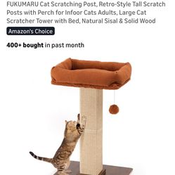 FUKUMARU Cat Scratching Post, Retro-Style Tall Scratch Posts with Perch for Infoor Cats Adults, Large Cat Scratcher Tower with Bed,