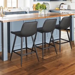 24” Counter Height Bar Stools Set of 3, Modern Faux Leather, for Home Kitchen, Black