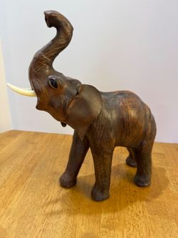 Vintage LEATHER Wrapped ELEPHANT Brown 13" Tall Trunk Up Statue Safari