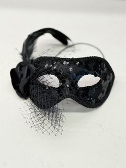 Black Masquerade Mask with Rose & Feather