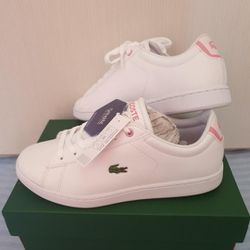 Lacoste Ortholite Pink & White Leather Sneaker , Girl Size 2 -LIKE NEW 