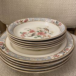 Set Of 8 Bowls And Plates Antique WH Grindley Chinoserie Bird
