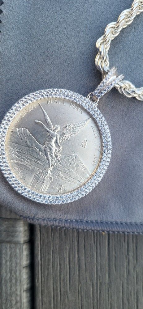 Pure Silver Centenario With Solid Silver Bezel And Solid Silver Rope Chain