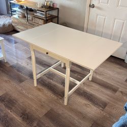 Convertible White Dining Table / Desk – Drop-Leaf Sides + Drawer
