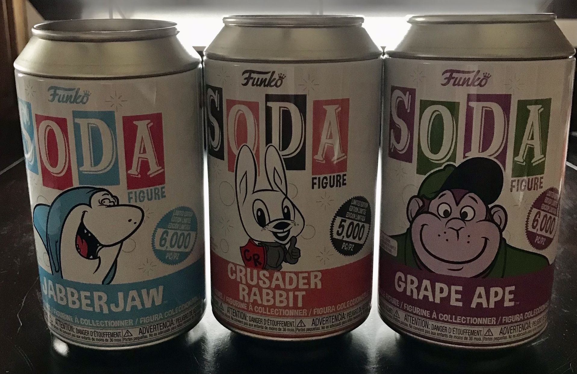 Funko Soda POP! GRAPE APE, JABBER JAW & CRUSADER RABBIT- Commons, Limited Edition Pieces.  Cans are open, Bags figures are in are Sealed - NEW & RARE!