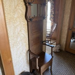 Antique Hall tree with mirror and storage drawer