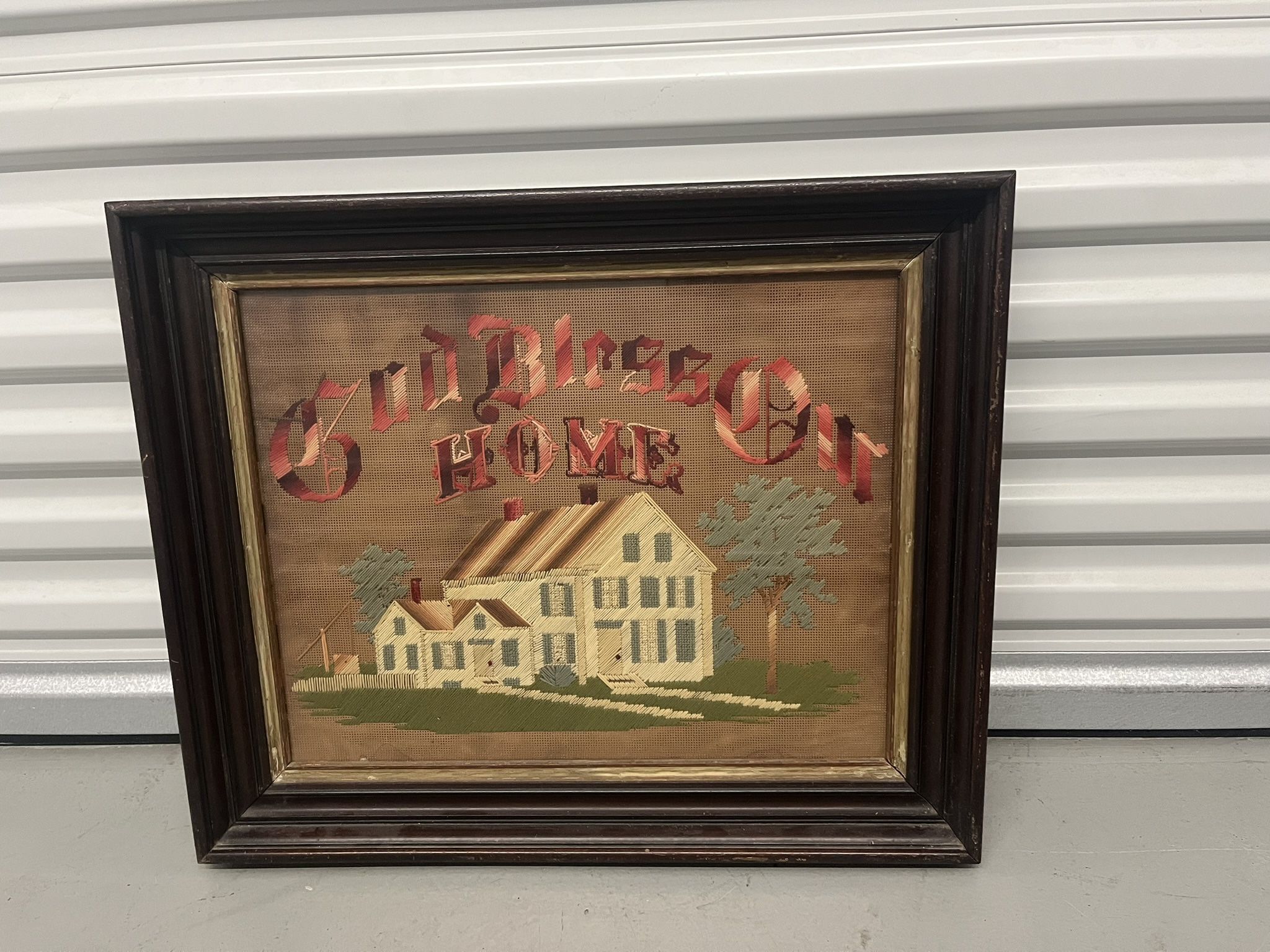 Antique God Bless Our Home Embroidery in Walnut Frame 