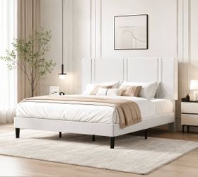 King Bed Frame, Platform Bed with Upholstered Velvet Adjustable Headboard, Woode