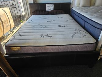 Brand new black faux leather platform queen bedframe + 10" thick soft innerspring queen mattress