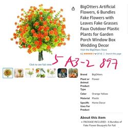 BigOtters Artificial Flowers, 6 Bundles Fake Flowers with Leaves Fake Grasses Faux Outdoor Plastic Plants for Garden Porch Window Box Wedding Decor