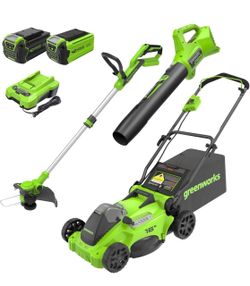 Greenworks 40V 16" Brushless Cordless (Push) Lawn Mower + Blower (350 CFM) + 13" String Trimmer (Bonus Spools), 4.0Ah + 2.0Ah Battery and Charger Incl
