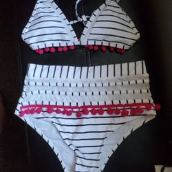 Nobrand Women Sz S Striped Mesh Pom Pom Padded Bikini Set Swim Blue White Pink