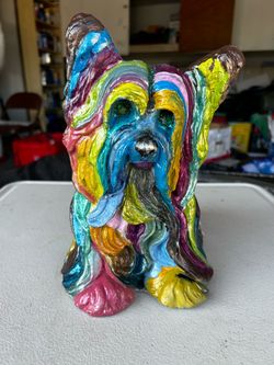 Painted Concrete Yorkshire Terrier Dog Garden Statue Yorkie Cement Lawn Art 9x7"