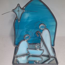 Beautiful Vintage Blue Stained Glass Nativity Scene
