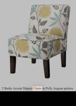 Burke Accent Slipper Chairs in Polly Aegean pattern.