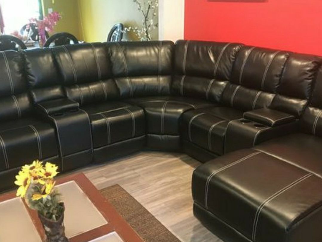 Black Reclining Leather Sectional with Chaise