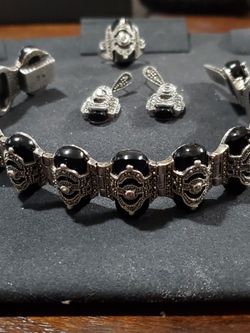 Vintage Black Onyx Bracelet, Ring And Earrings Set