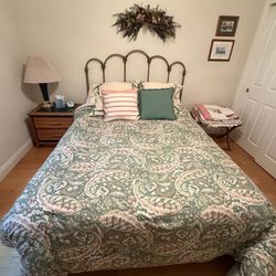 Queen Bed w/ Ralph Lauren Bedding + Brass Headboard + Nightstand and Lamp