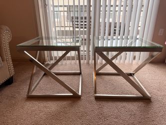 Pair of Glass Top End Tables with Metal Base