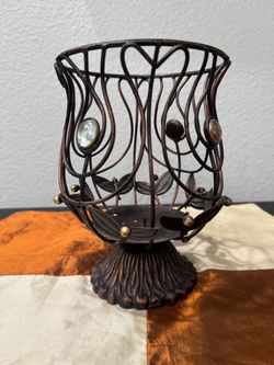 VTG Handcrafted Metal/Wrought Iron Candle Holder With Leaf Motifs & Glass Accent