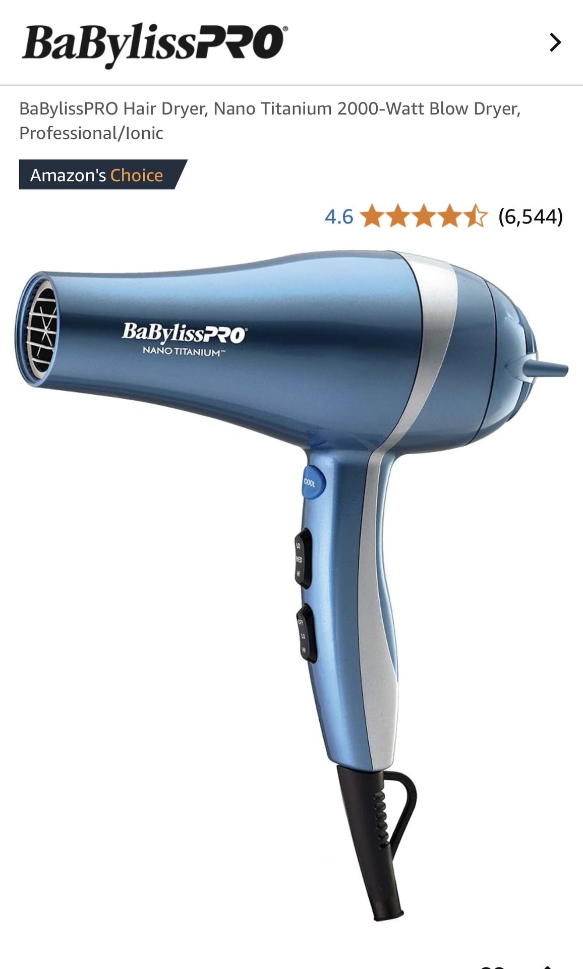 BaBylissPRO Hair Dryer, Nano Titanium 2000-Watt Blow Dryer, Professional/lonic