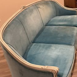 Louis XV Canapé Sofa In Tiffany Blue Velvet With Off- White Painted Wood Accents