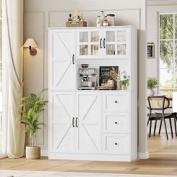 Farmhouse Pantry Cabinet with Microwave Stand, White
