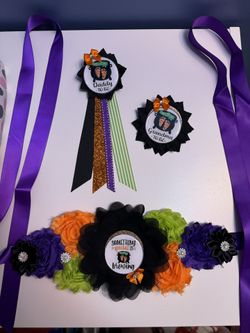 Halloween Theme Baby Shower Mommy sash, daddy to be pin, and grandma to be pin