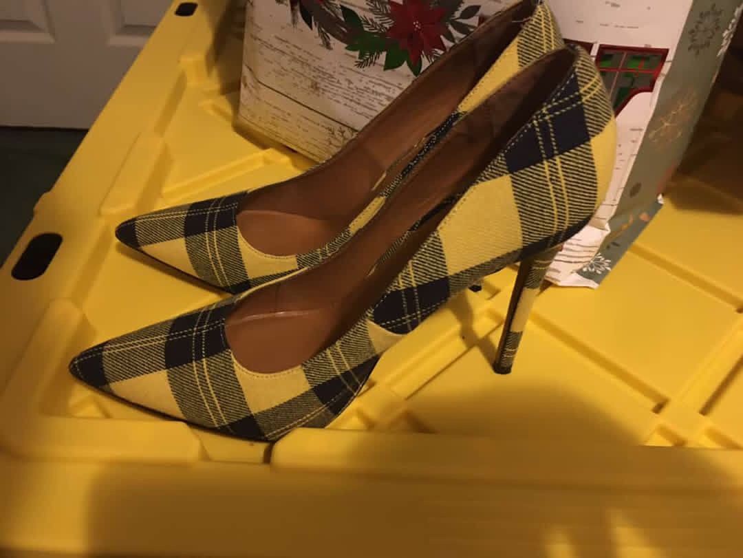 Yellow & Navy Blue Plaid Point Toe Heels