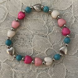 Pink And Teal Crackle Beaded Bracelet 