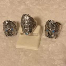 3 Men’s Vintage Solid Sterling Silver Indian Head Rings..Sizes 13,13,14..By G&S 1993