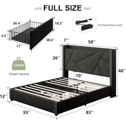 Full Size Platform Bed Frame with 4 Storage Drawers, Upholstered Wingback Bed Frame with Charging Station, Solid Wood Slats Support, Black