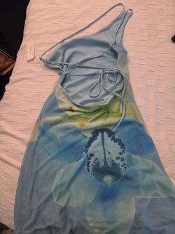 Blue Floral Mesh Slip Dress with Tie Detail