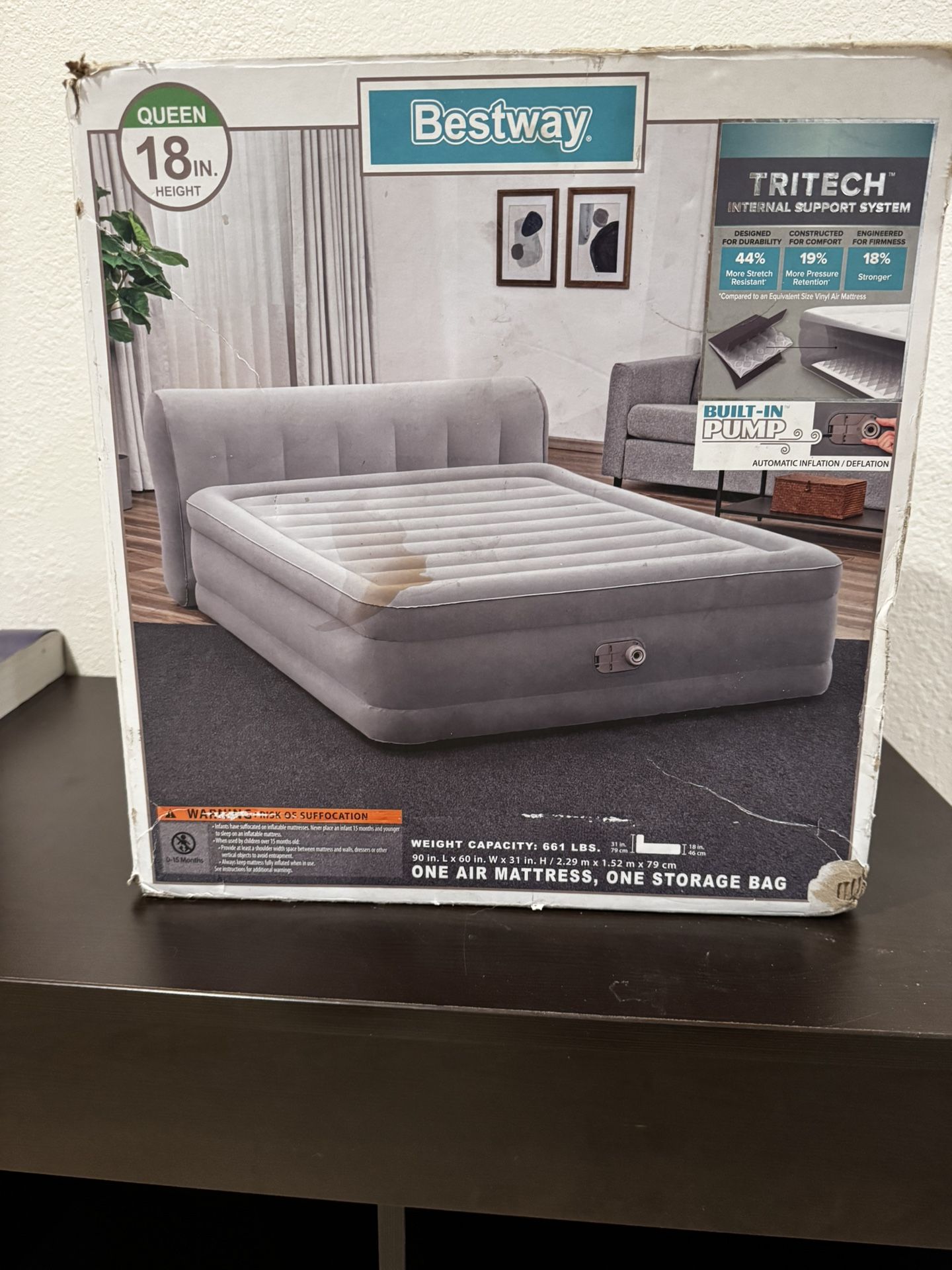 Bestway Headboard Tritech Airbed Queen 18" with Built-in Air Pump