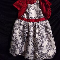 Girls Formal Christmas Dress White Black And Red With Roses And Red Jacket One Piece Size 4t