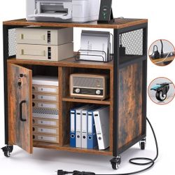 Braking Wheels Filing Cabinet with Lock, File Cabinets with Charging Station, Printer Stand with Storage for Office Home, A4 Letter Size File Folders