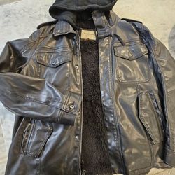 Faux Leather Jacket With Removable Hood