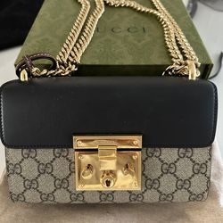 GUCCI Calfskin GG Supreme Monogram Small Padlock Shoulder Bag Black Gold