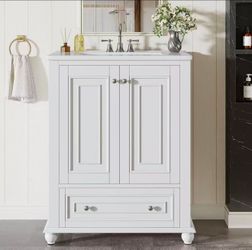 LD0083-YN 24" Bathroom Vanity with Ceramic Sink Combo, Freestanding Bathroom Storage Vanity Cabinet with 2 Doors & 1 Drawer, Solid Wooden Frame & Coat