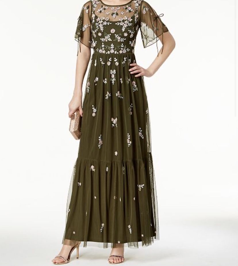 adrianna papell women's beaded long 3d floral dress 3D Floral Sequin Bead Trapeze Gown In Cafe Mocha