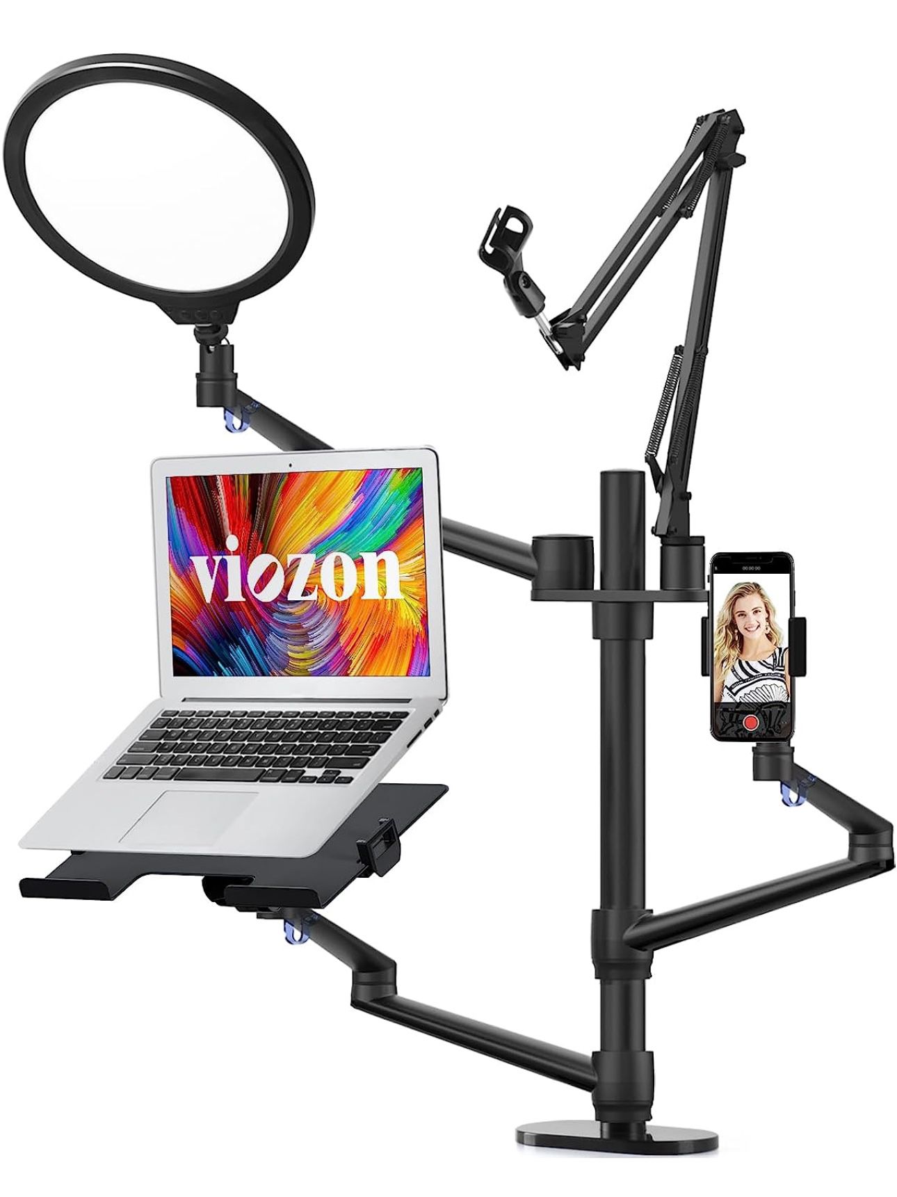 Viozon Selfie Desktop Live Stand Set 6-in-1 10" LED Ring Light Microphone Mount compatible with 12-17" laptop/17-32'' monitor/7-13 Tablet/3.5-6.7" Pho